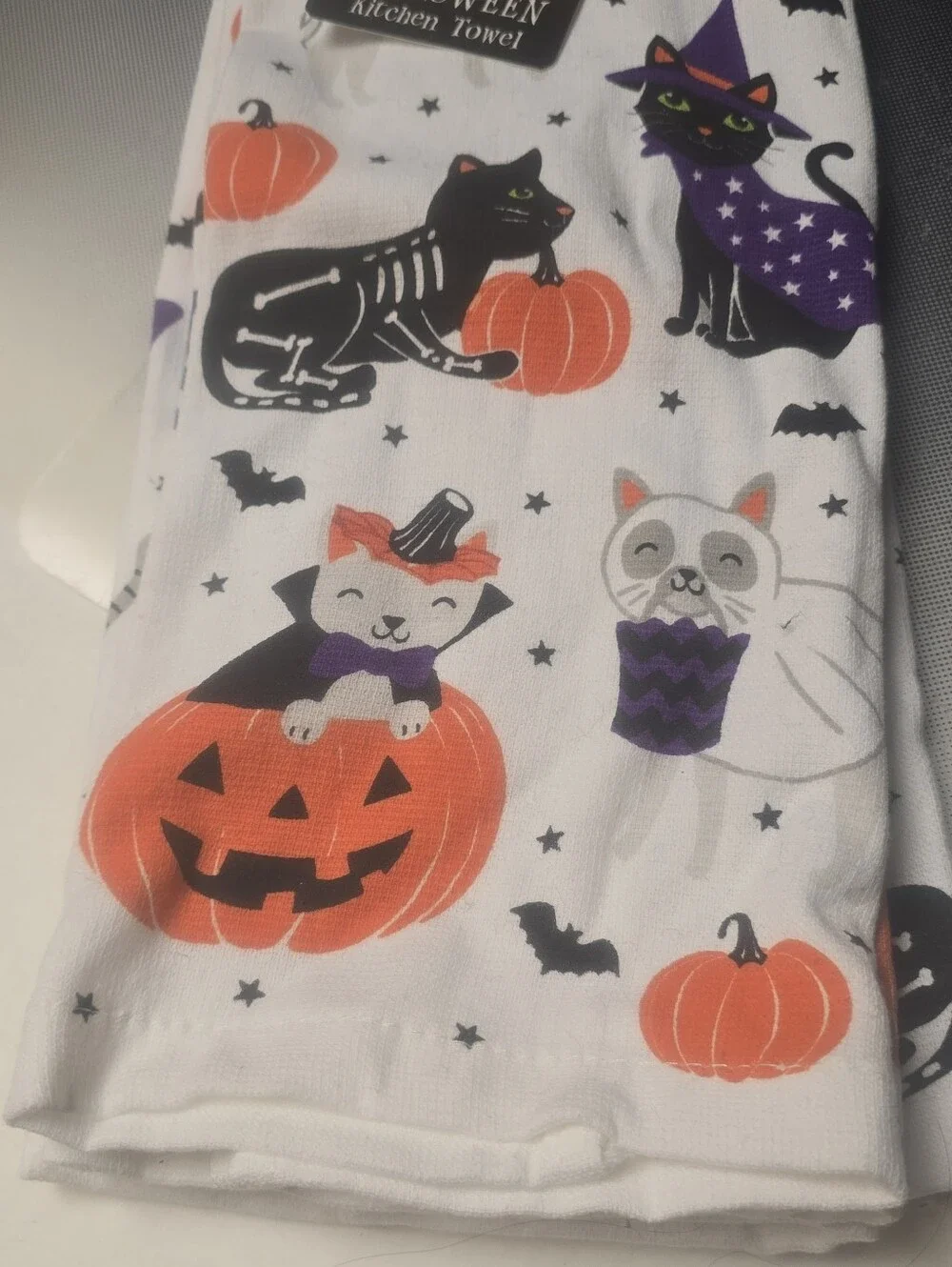 Halloween Custume Cat Dish Towels- Orange & Purple Pumpkin Bats Design Set Of 2